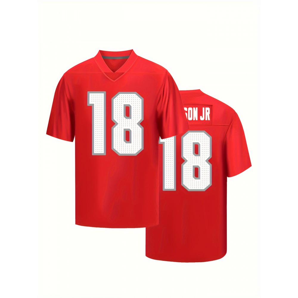 Men'S #18 V-Neck Sports Jersey - Polyester, Embroidered, Breathable, Short Sleeve Shirt for Running, Training, Hiking, Casual & Festive Occasions, Universal Fit for Adult & Male - Red