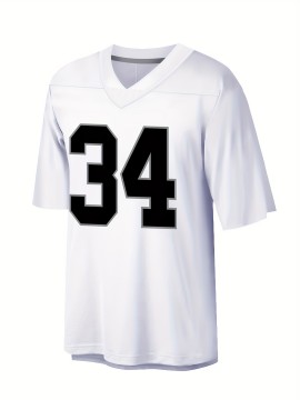 Men'S White # 34 Breathable Rugby Shirt, Sports V-Neck Short Sleeved Training Shirt, Classic Embroidered American Football Shirt