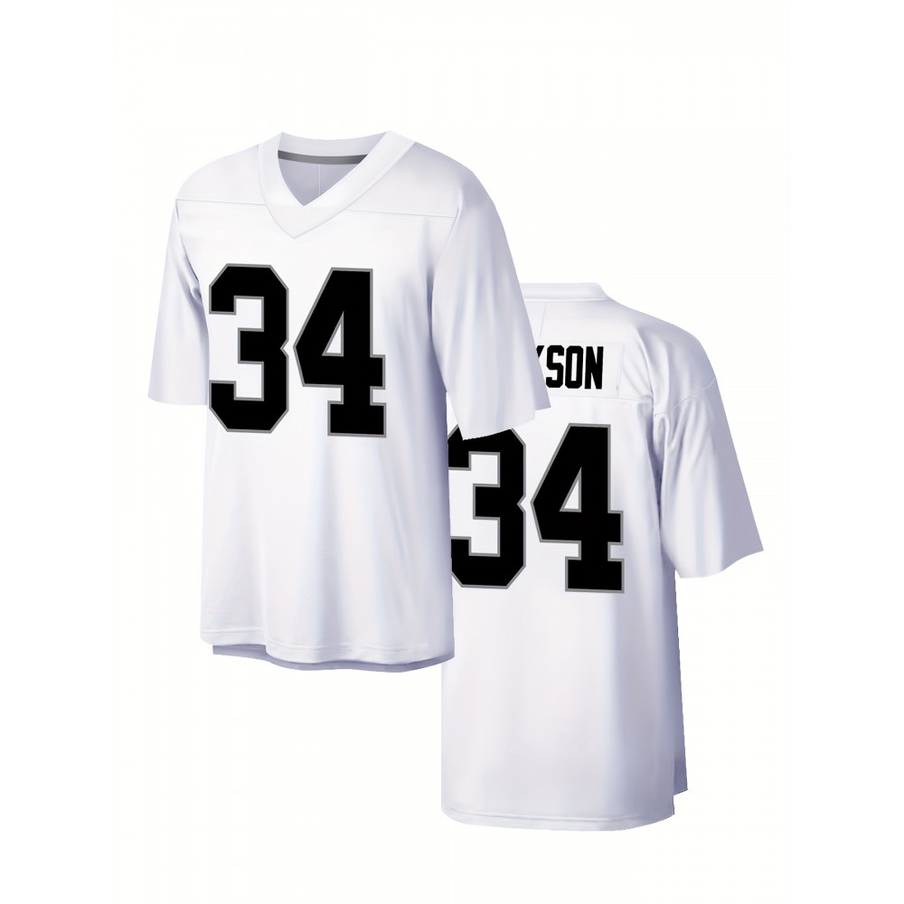 Men'S White # 34 Breathable Rugby Shirt, Sports V-Neck Short Sleeved Training Shirt, Classic Embroidered American Football Shirt