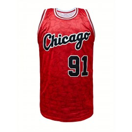 Mens #91 Red Basketball Sports Jersey, Breathable Sleeveless Pattern Embroidery Sweatshirt Training Competition Sports Uniforms Suitable for Summer