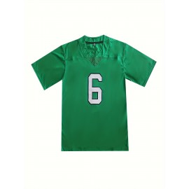 Men'S #6 Embroidered V-Neck Rugby Jersey - Breathable Polyester, Short Sleeve, Perfect for Training & Casual Wear, Ideal for Outdoor Activities, Running & Sports - Machine Washable