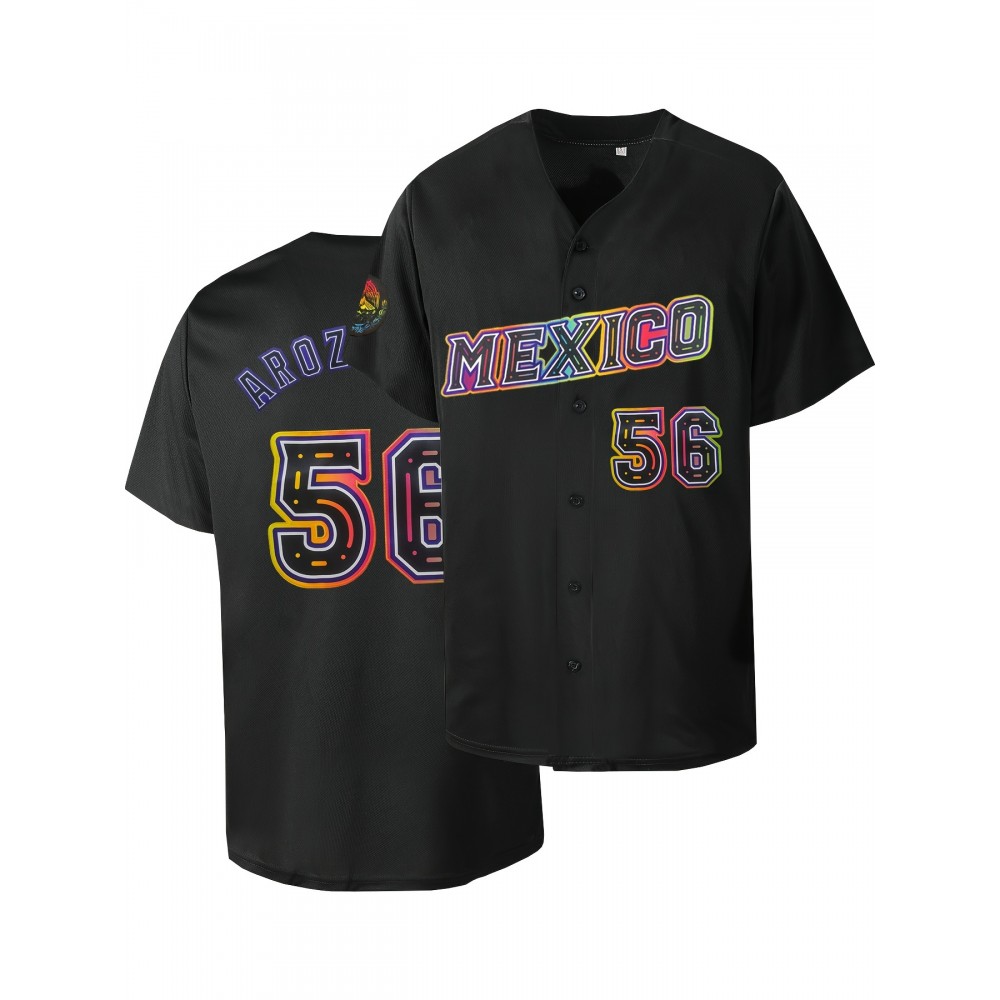Men'S Classic #56 Mexico Baseball Jersey - Vibrant Retro Embroidery, Breathable Polyester, Short Sleeve V-Neck with Button Closure - Ideal for Training, Competition & Casual Wear