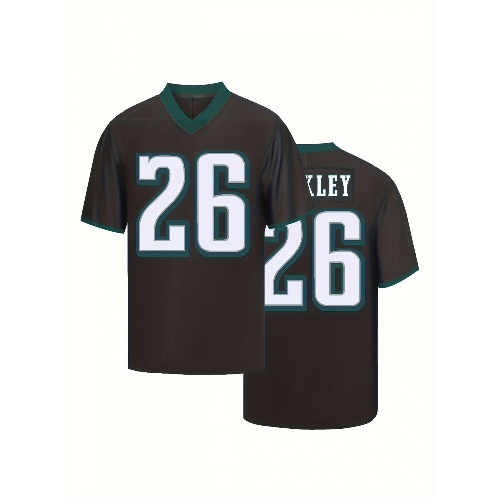 Men'S Black # 26 Breathable Rugby Shirt, Sports V-Neck Short Sleeved Training Shirt, Classic Embroidered American Rugby Shirt