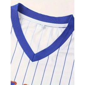 Letter And Number 18 Embroidery, Men'S Striped Short Sleeve V-neck Baseball Jersey, Comfy Top For Training And Competition