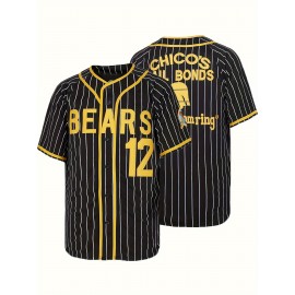Men's #12 Retro Baseball Jersey - Vintage Black & Yellow Stripes with Lettering, Breathable 100% Polyester V-Neck Short Sleeve Shirt, Loose Fit for Sports, Casual & Holiday Wear (Thanksgiving, Christmas, Valentine's Day)