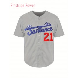 Men's Baseball Jacket #21 Grey Embroidered Saratoga & Pine Mountain Design - Loose Fit Stretch Polyester V-Neck Button-Up for Casual, Sports & Outdoor Activities (S-3XL)