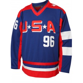 Men's #96 Blue & Red USA Hockey Jersey - V-Neck, Long Sleeve,, Lightweight Polyester Captain's Sweatshirt with Striped Accents for Team Sports, Casual Wear & More