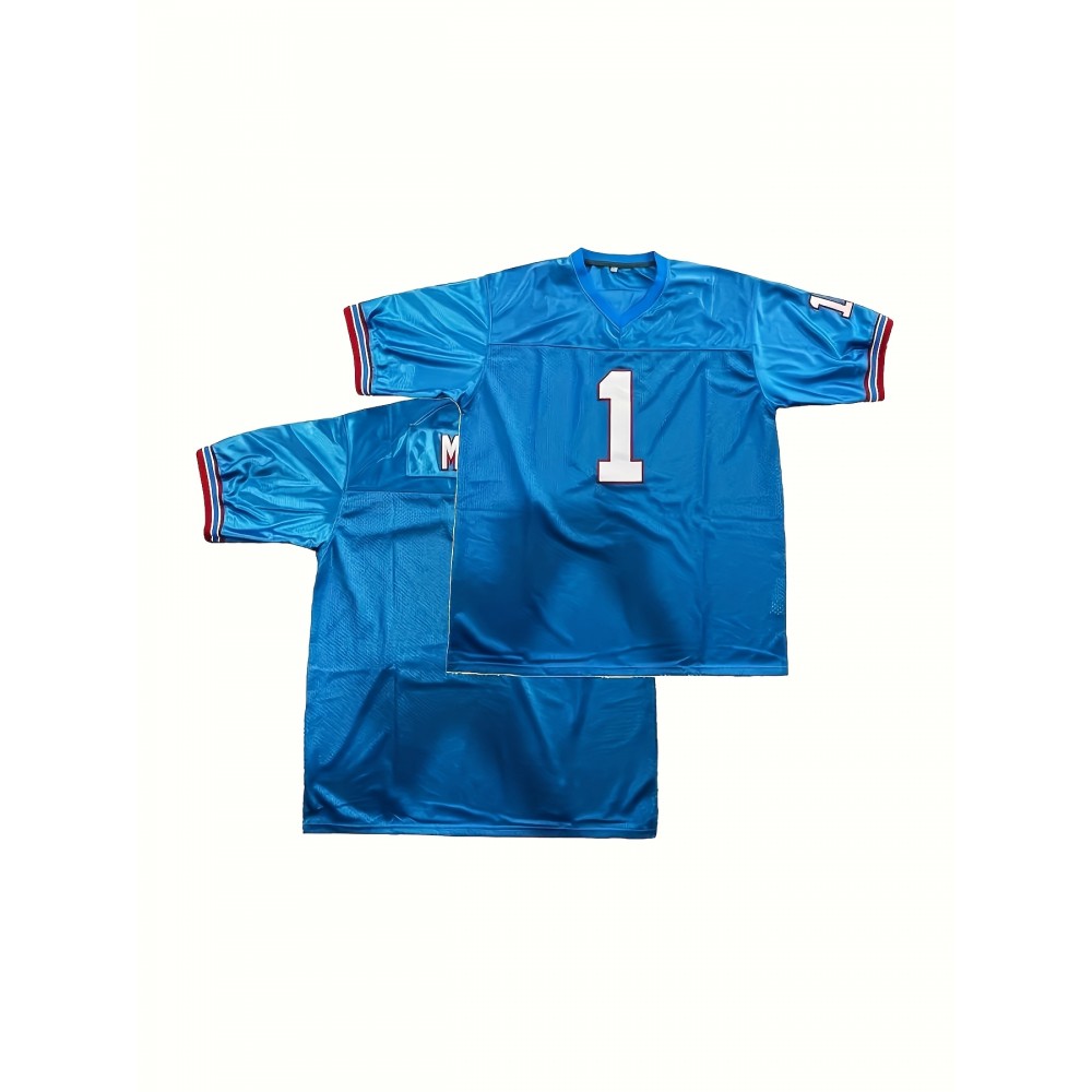 1pc Men'S Polyester V-Neck Rugby Shirt with Embroidered Moon & Number 1 - Loose Fit Knit Fabric Top for Training, Sports, Casual Wear - All Seasons Comfort