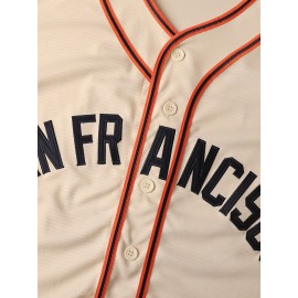 Men's Retro Classic Baseball Jersey #51 - Beige with Red & Blue Accents, Embroidered San Francisco & Number, Breathable V-Neck Button-Up Loose Fit for Training, Competition, Casual & Holiday Wear, Sports Apparel | Sporty Vneck | Embroidered Detailing