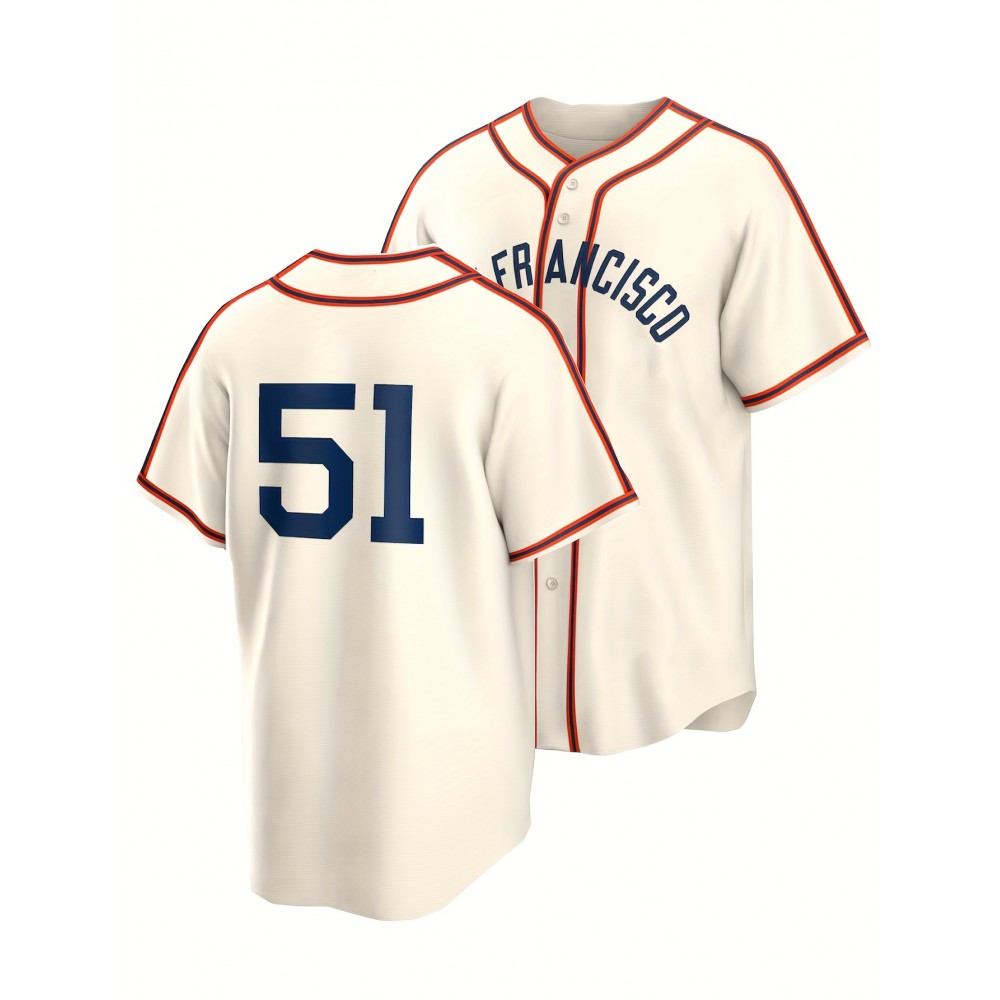 Men's Retro Classic Baseball Jersey #51 - Beige with Red & Blue Accents, Embroidered San Francisco & Number, Breathable V-Neck Button-Up Loose Fit for Training, Competition, Casual & Holiday Wear, Sports Apparel | Sporty Vneck | Embroidered Detailing