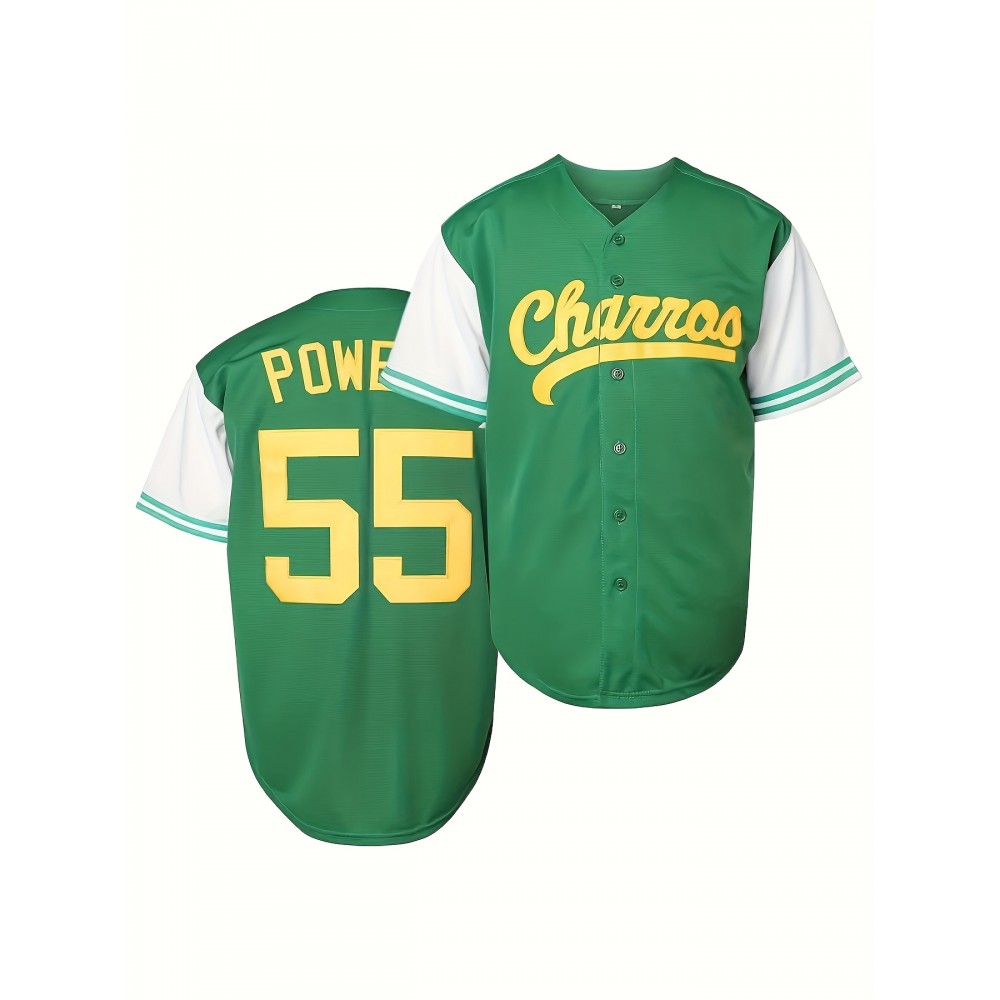 1pc Churros Embroidered Baseball Jersey, Men'S Polyester V-Neck Shirt with Slight Stretch, Loose Fit Sports Top for Casual, Training, Hiking & Outdoor Activities, Button Closure - Universal Fit for Teens & Adults