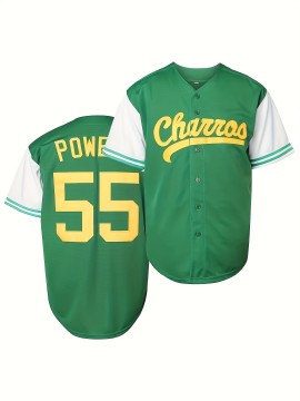 1pc Churros Embroidered Baseball Jersey, Men'S Polyester V-Neck Shirt with Slight Stretch, Loose Fit Sports Top for Casual, Training, Hiking & Outdoor Activities, Button Closure - Universal Fit for Teens & Adults