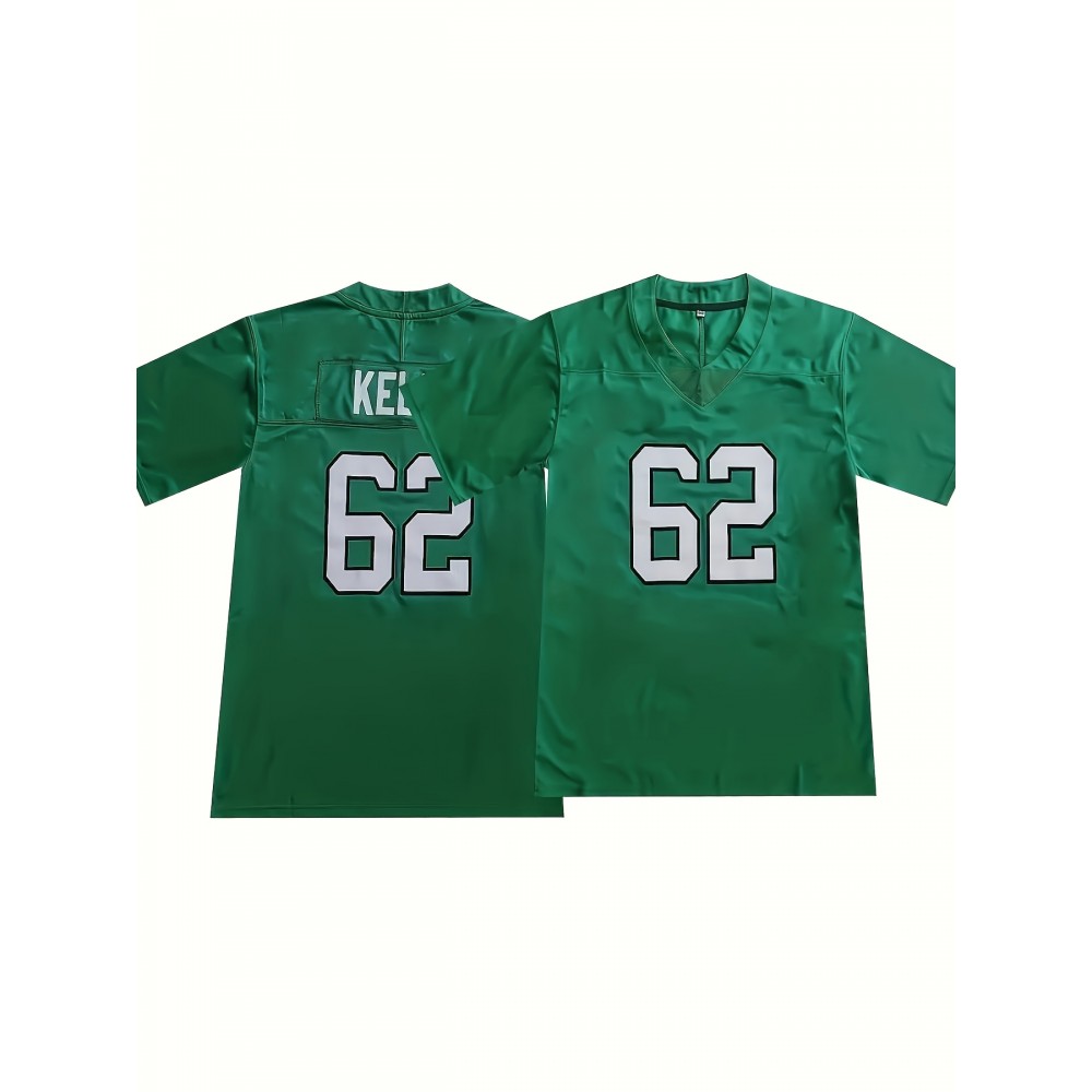 Men'S Embroidered #62 Green Football Jersey, Polyester V-neck Sports Jersey, Slight Stretch Knit Fabric, Loose Fit, for Casual, Running, Training, Hiking, Adult & Teen, Four Seasons Wear