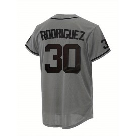Men's Grey #30 Baseball Jersey - Breathable Button-Up V-Neck Shirt with 