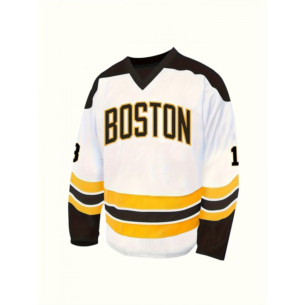 Men's Size 18 White Ice Hockey Jersey, Vintage Classic Embroidery, Breathable Pullover Sports Shirt, V-neck, Polyester, Sporty Style