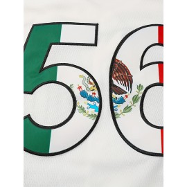 Men'S Retro MEXICO #56 Embroidery Design Short Sleeve V-neck Loose Button Up Shirt, Men'S Summer Baseball Jersey
