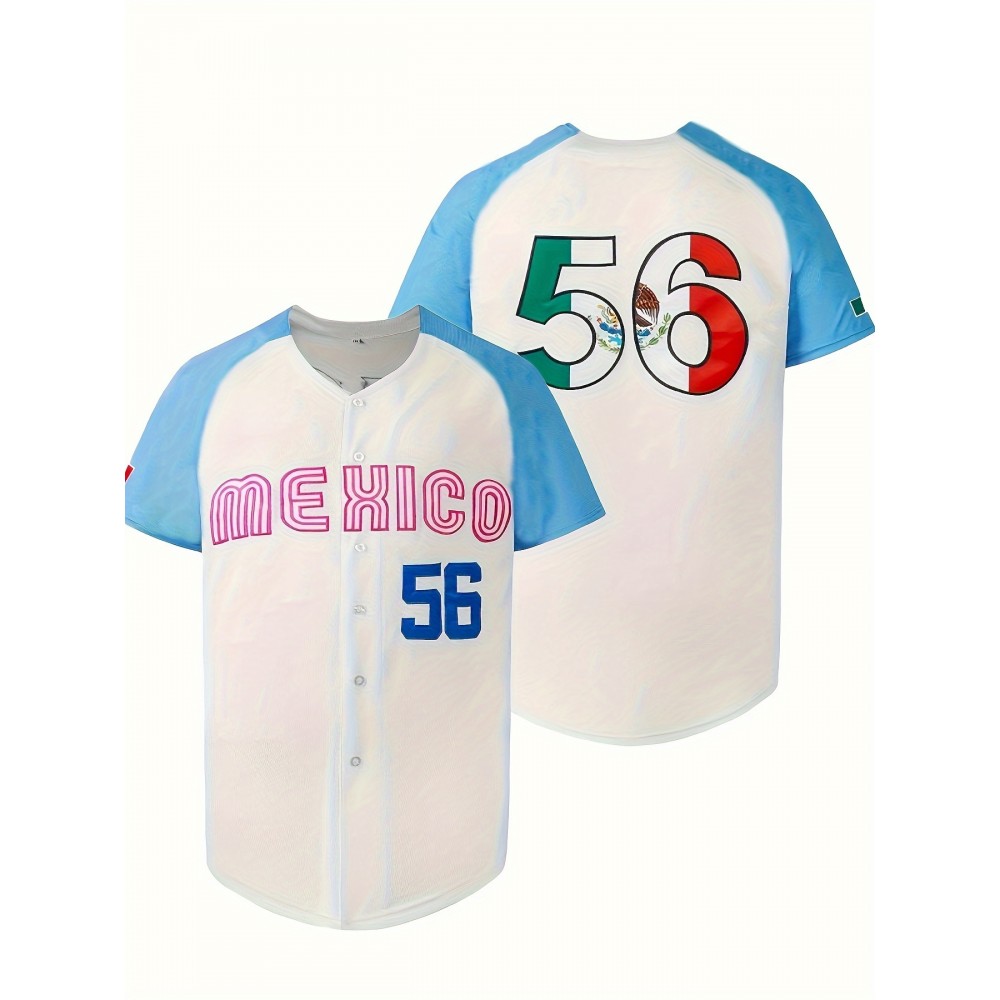 Men'S Retro MEXICO #56 Embroidery Design Short Sleeve V-neck Loose Button Up Shirt, Men'S Summer Baseball Jersey