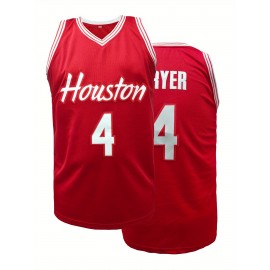 Men's Houston Player #4 Basketball Jersey - Breathable Sleeveless 100% Polyester, V-Neck Loose Fit Summer Sports Uniform for Training, Competition & Casual Wear