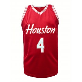 Men's Houston Player #4 Basketball Jersey - Breathable Sleeveless 100% Polyester, V-Neck Loose Fit Summer Sports Uniform for Training, Competition & Casual Wear