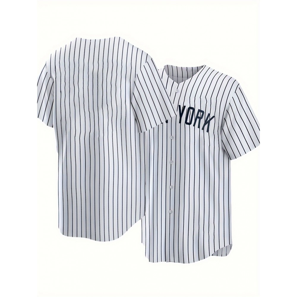 Men'S White Striped Baseball Shirt with Classic Letter Embroidery Design, Breathable Button Style Short Sleeved Shirt, Suitable for Training And Competition