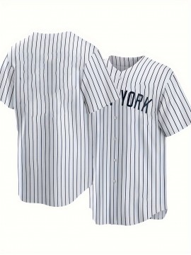 Men'S White Striped Baseball Shirt with Classic Letter Embroidery Design, Breathable Button Style Short Sleeved Shirt, Suitable for Training And Competition