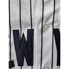 Men'S White Striped Baseball Shirt with Classic Letter Embroidery Design, Breathable Button Style Short Sleeved Shirt, Suitable for Training And Competition