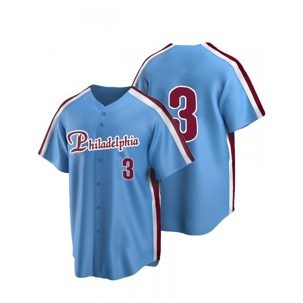 Men'S #3 Blue Baseball Jersey, Classic Retro Letter Embroidery Design Breathable Short Sleeve T-Shirt For Training Competition