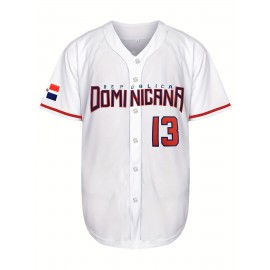 Men'S Dominican #13 White Baseball Jersey - Classic Retro Design, Breathable Polyester Short Sleeve Shirt for Sports, Training & Casual Wear