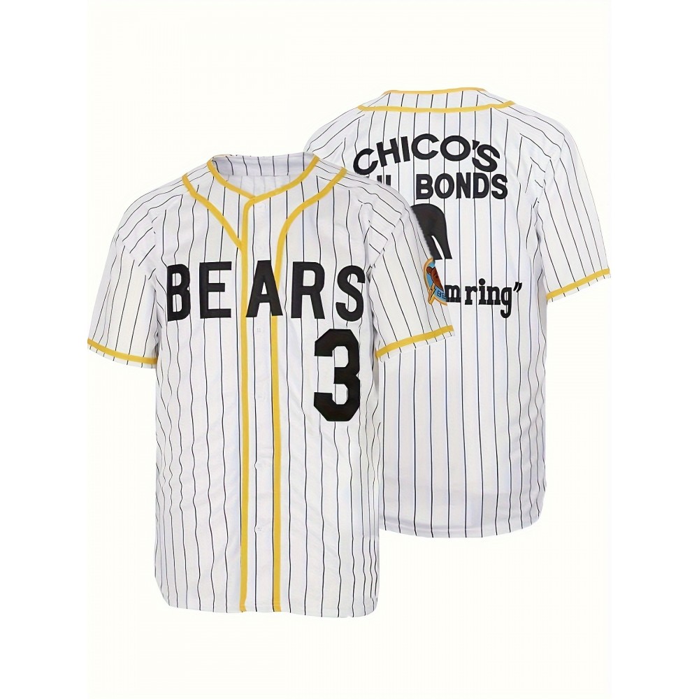 Men's Vintage Baseball Jersey #3 - Retro Chicos Letter Embroidery, Breathable Polyester V-Neck Short Sleeve, Loose Fit Striped Design for Training, Competition & Casual Wear