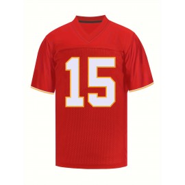 Men's Red #15 Breathable Rugby Jersey - V-Neck Short Sleeve Embroidered American Football Shirt, Loose Fit All-Season Training Top for Sports, Casual & Outdoor Activities, Athletic Wear, Bold Lettering, Reinforced Seams, Sports Apparel, Active Men