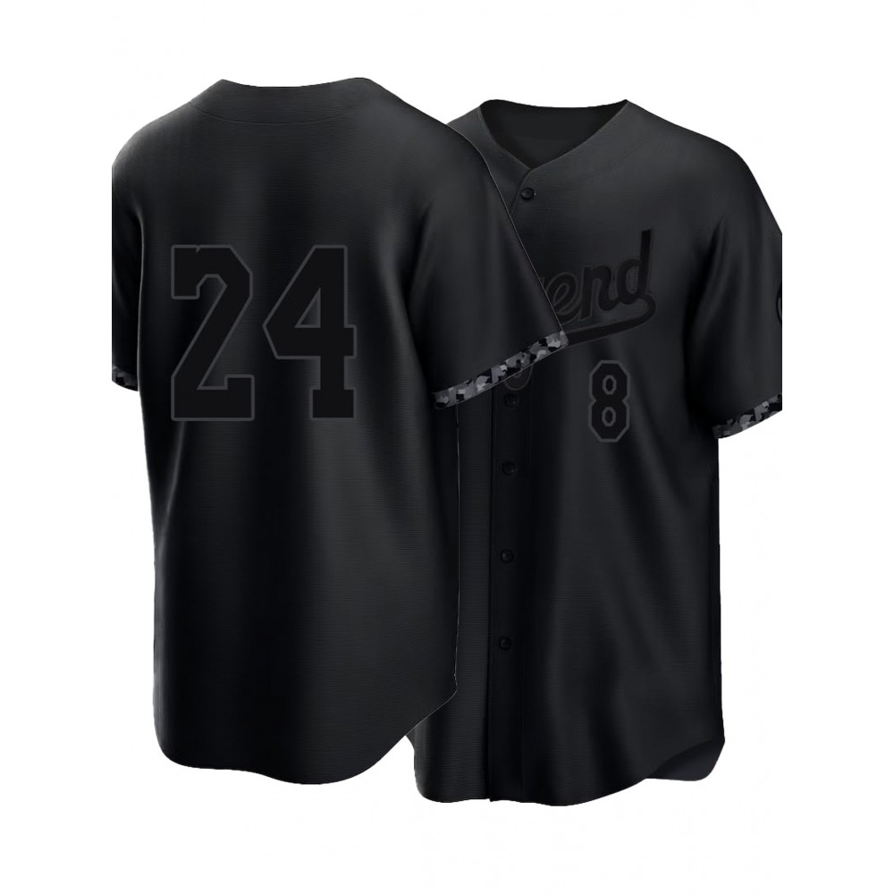 Men'S All Black # 8-24 Baseball Shirt, Classic Letter Embroidery Design, Button Style Short Sleeved Breathable Shirt, for Training And Competition Use