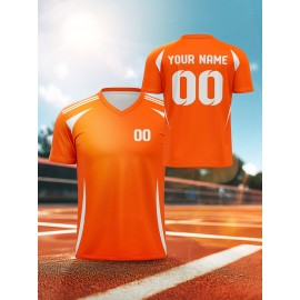 1pc Customizable V-Neck Soccer Jersey for Kids - 100% Polyester Knit Fabric, All-Over Print, Personalized Name & Number, Regular Fit for Boys & Girls, Ideal for Sports, Casual Wear & Outdoor Activities - Spring/Summer/Fall Collection