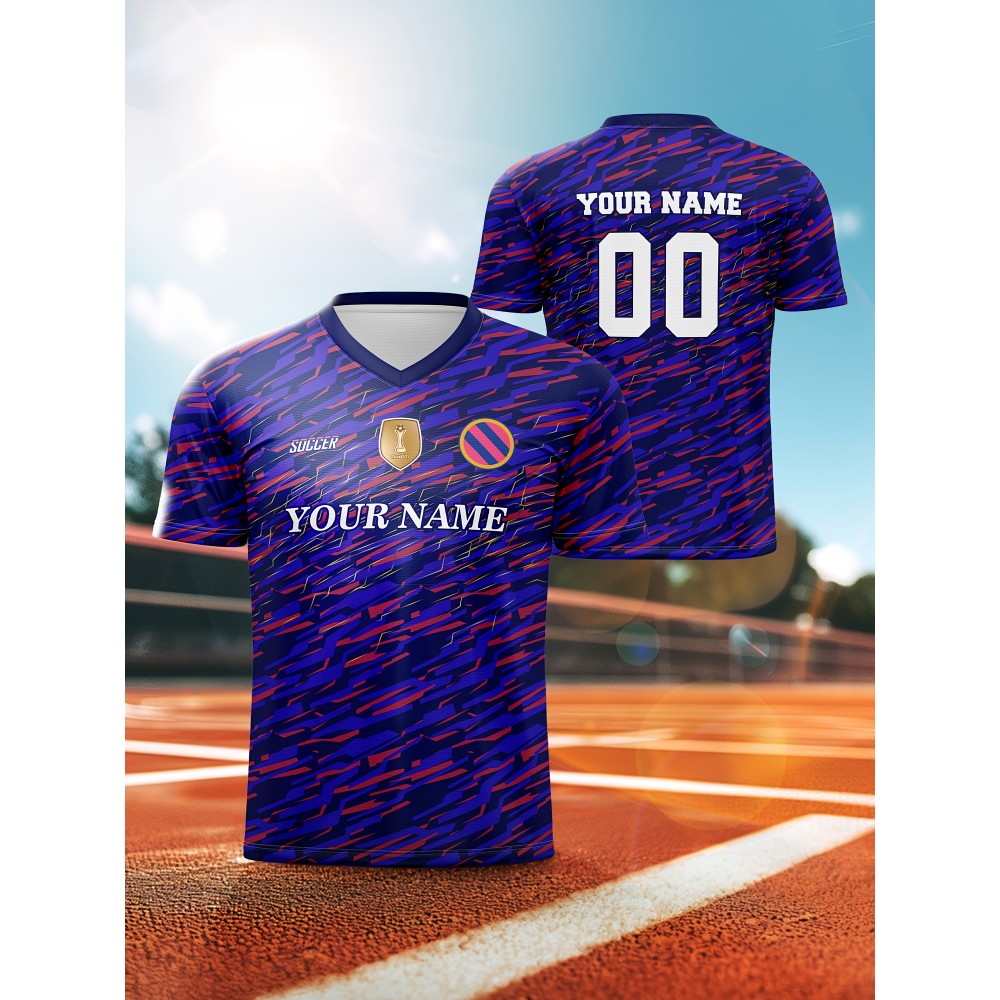 Customizable Soccer Jersey for Kids, V-Neck, Breathable Polyester, Full-Print, Spring/Summer/Autumn, Regular Fit, for Boys & Girls, Sports & Casual Outdoor Activities, Training, Football, Beach, Birthday