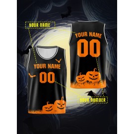 Customizable Kids Halloween Basketball Vest, Polyester 100% Breathable & Washable, Loose Fit Sports Jersey with All-Over Print, Casual & Outdoor Sports Apparel for Boys & Girls, Knit Fabric, Festive Party & Training Gear