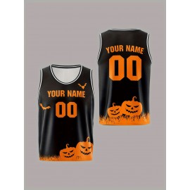 Customizable Kids Halloween Basketball Vest, Polyester 100% Breathable & Washable, Loose Fit Sports Jersey with All-Over Print, Casual & Outdoor Sports Apparel for Boys & Girls, Knit Fabric, Festive Party & Training Gear