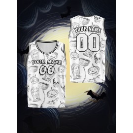 1pc Customizable Kids Sports Tank Top with Name and Number, Halloween Themed Basketball Jersey, Breathable Polyester Knit Fabric, Casual & Athletic Vest, with Unisex Youth Athletic Wear for Running, Training, Outdoor Activities