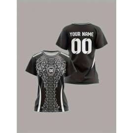 Personalized Women'S Plus Size Soccer Jersey - Custom Name & Number, Black with White Floral Design, Breathable Summer Sports T-Shirt for Casual or Team Wear, Soccer Shirts, Team Uniform, Detailed Print, Quality Print Shirt