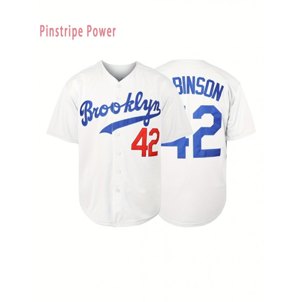 Men'S # 42 White V-neck Baseball Jersey Polyester Sports Shirt Loose Fit With Button Closure Suitable For Casual And Sportswear, Daily Casual Training In Spring, Summer, Autumn, Team Sports S-3XL