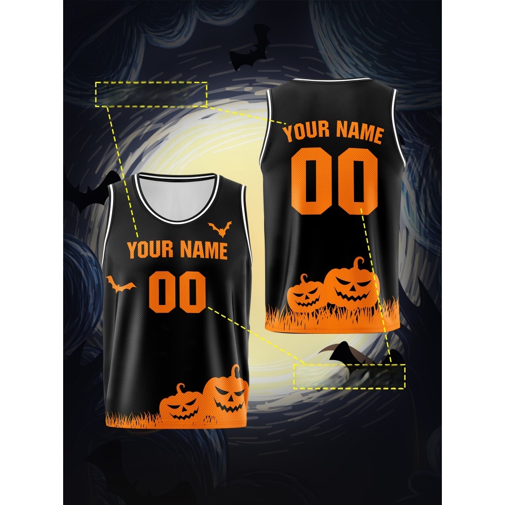 Customizable Kids Halloween Basketball Vest, Polyester 100% Breathable & Washable, Loose Fit Sports Jersey with All-Over Print, Casual & Outdoor Sports Apparel for Boys & Girls, Knit Fabric, Festive Party & Training Gear