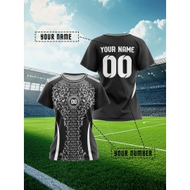 Personalized Women'S Plus Size Soccer Jersey - Custom Name & Number, Black with White Floral Design, Breathable Summer Sports T-Shirt for Casual or Team Wear, Soccer Shirts, Team Uniform, Detailed Print, Quality Print Shirt